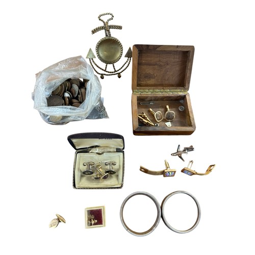 57 - A mixed miscalleaneous clearance lot of coins, a small cameo style ring and a heart brooch,  bicycle... 