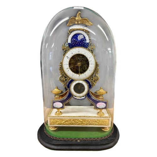 1 - An exceptional and fine C18th French gilt brass and enamel and marble Skeleton clock in glass oval d... 