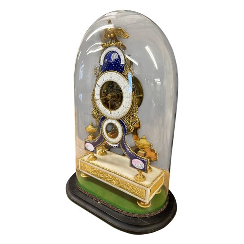 1 - An exceptional and fine C18th French gilt brass and enamel and marble Skeleton clock in glass oval d... 