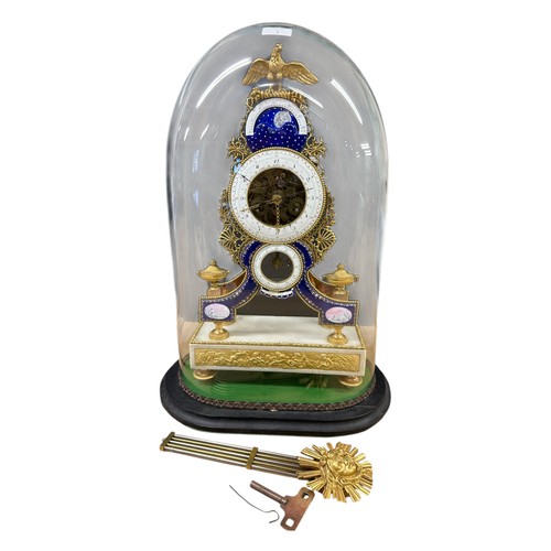 1 - An exceptional and fine C18th French gilt brass and enamel and marble Skeleton clock in glass oval d... 