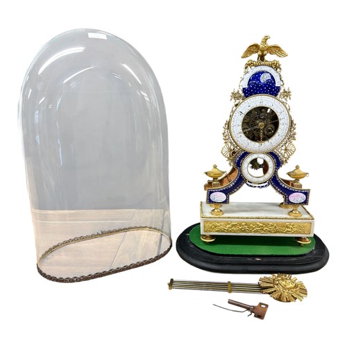 1 - An exceptional and fine C18th French gilt brass and enamel and marble Skeleton clock in glass oval d... 