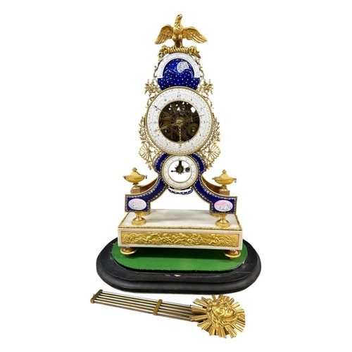 1 - An exceptional and fine C18th French gilt brass and enamel and marble Skeleton clock in glass oval d... 