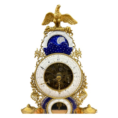 1 - An exceptional and fine C18th French gilt brass and enamel and marble Skeleton clock in glass oval d... 