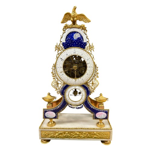 1 - An exceptional and fine C18th French gilt brass and enamel and marble Skeleton clock in glass oval d... 