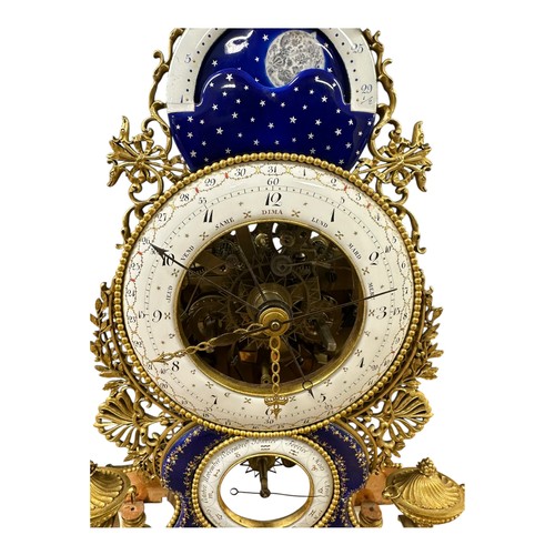 1 - An exceptional and fine C18th French gilt brass and enamel and marble Skeleton clock in glass oval d... 