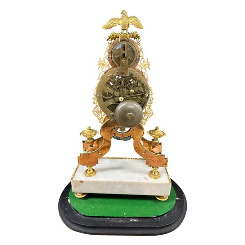 1 - An exceptional and fine C18th French gilt brass and enamel and marble Skeleton clock in glass oval d... 