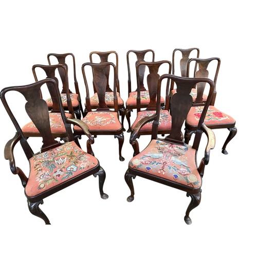 515 - A set of 10 good heavy matching dining chairs ( 8+2), with floral tapestry seats, some restoration o... 