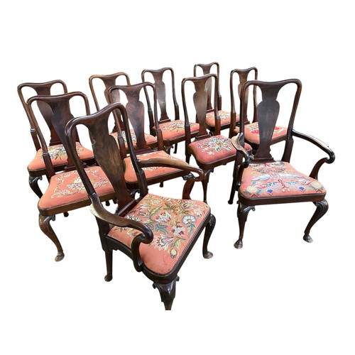 515 - A set of 10 good heavy matching dining chairs ( 8+2), with floral tapestry seats, some restoration o... 