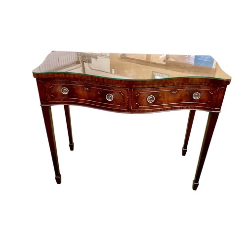 513 - A Pair of C19th serpentine fronted mahogany side tables, glass tops,  115cm wide x 55cm deep x 88cm ... 