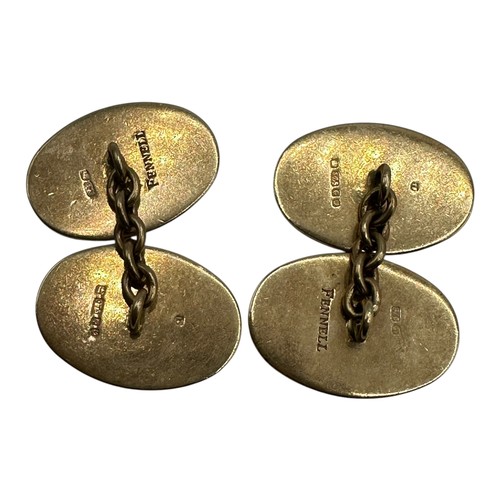 48 - A pair of oval, engraved hallmarked gold cufflinks, Stamped to verso TF Fennell 375. 11.2g (engraved... 