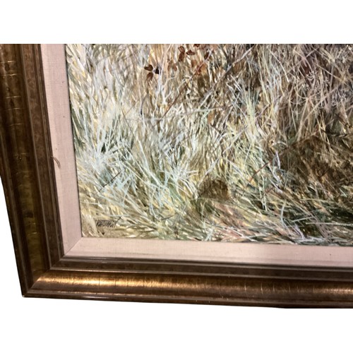 444 - A gilt frame study, signed lower left Beresford Hill, two Cock Pheasants and Fox, 58 x 89cm