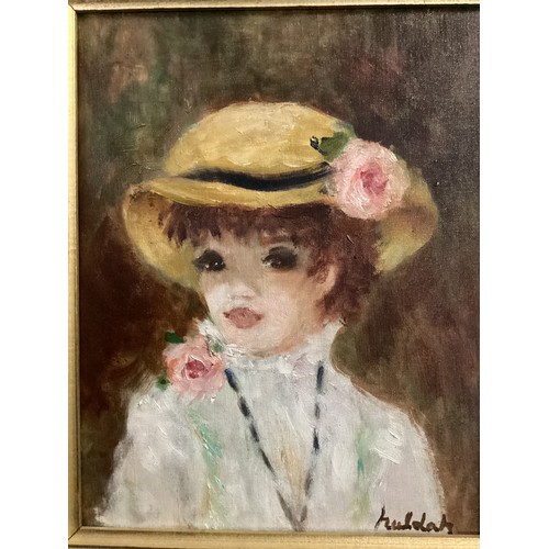 452 - Portrait oil on canvas, girl with a hat, in the impressionist style, signed lower right , Huldah, an... 