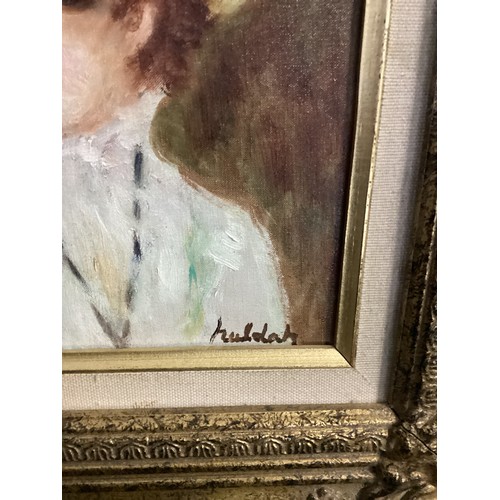 452 - Portrait oil on canvas, girl with a hat, in the impressionist style, signed lower right , Huldah, an... 