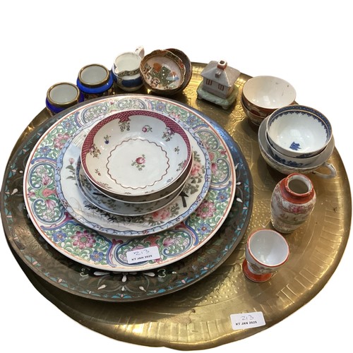 213 - A mixed collection of items to include a cloisonné style charger, two Derby style bowls, Japanese an... 