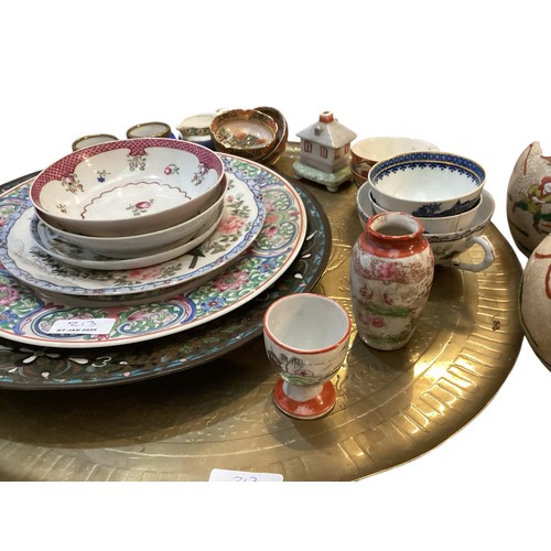 213 - A mixed collection of items to include a cloisonné style charger, two Derby style bowls, Japanese an... 