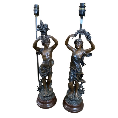 154 - A pair of modern figural table lamps, modelled as classical figures of a man and a woman, raised on ... 