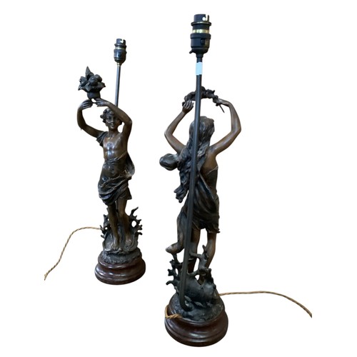 154 - A pair of modern figural table lamps, modelled as classical figures of a man and a woman, raised on ... 