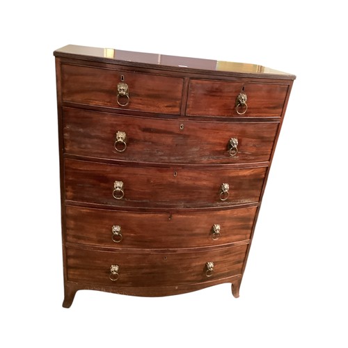 586 - A good bow fronted mahogany chest of two short and four long drawers with lion head ring handles.  1... 