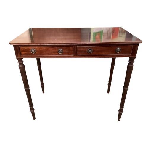 587 - Mahogany two drawer writing desk  90 cm W x 51 cm D x 78 cm H