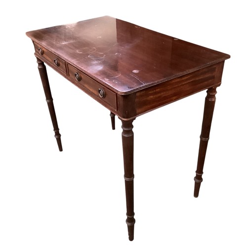 587 - Mahogany two drawer writing desk  90 cm W x 51 cm D x 78 cm H