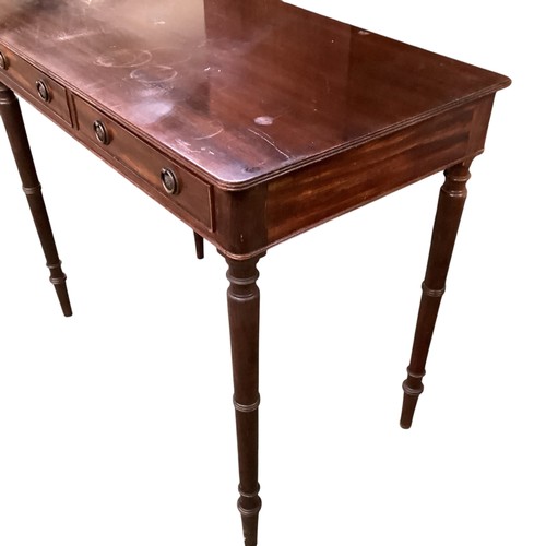 587 - Mahogany two drawer writing desk  90 cm W x 51 cm D x 78 cm H