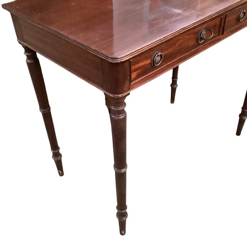 587 - Mahogany two drawer writing desk  90 cm W x 51 cm D x 78 cm H