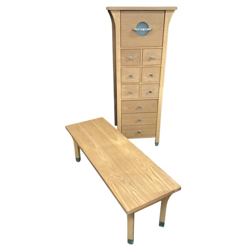 590 - Tall possibly rubber wood chest of 10 drawers 60 cm W x 55 cm D x 142 cm H and a matching coffee tab... 