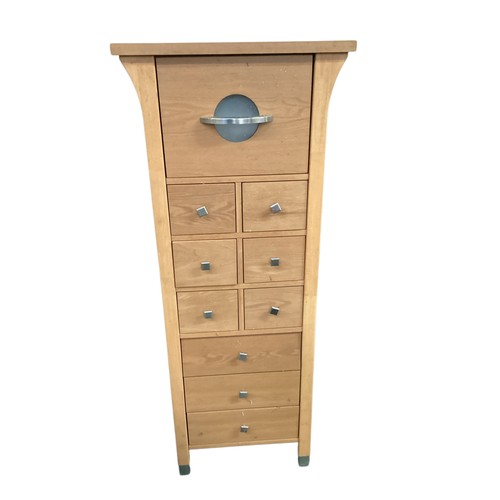 590 - Tall possibly rubber wood chest of 10 drawers 60 cm W x 55 cm D x 142 cm H and a matching coffee tab... 