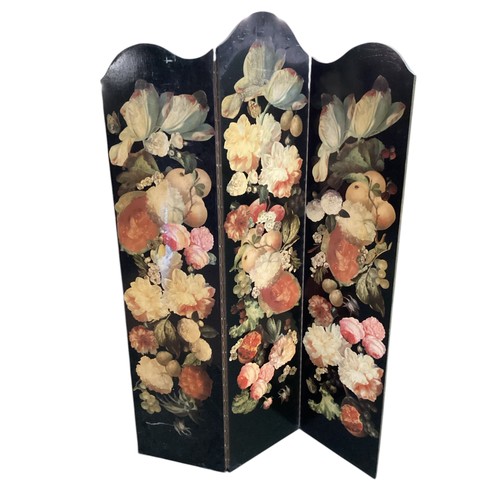 589 - Three panel painted screen 105 cm W x 148 cm H, all over wear