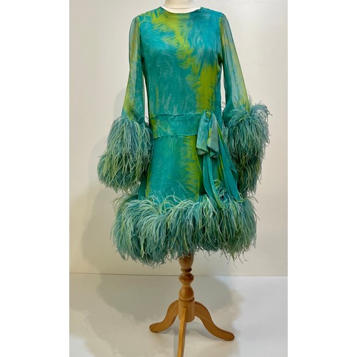 2 - ADRIENNE CANNES 1960 silk chiffon cocktail dress with ostrich boa cuffs and hem, size small waist at... 