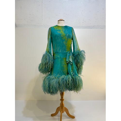 2 - ADRIENNE CANNES 1960 silk chiffon cocktail dress with ostrich boa cuffs and hem, size small waist at... 