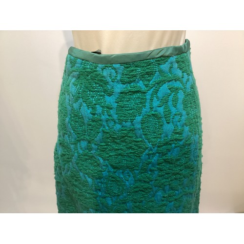 15 - TROUBADOUR long A line skirt with raised green wool pattern on turquoise back ground.  Age discolour... 