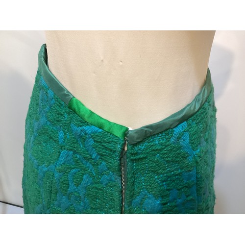 15 - TROUBADOUR long A line skirt with raised green wool pattern on turquoise back ground.  Age discolour... 