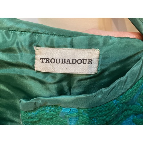 15 - TROUBADOUR long A line skirt with raised green wool pattern on turquoise back ground.  Age discolour... 