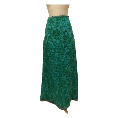 15 - TROUBADOUR long A line skirt with raised green wool pattern on turquoise back ground.  Age discolour... 