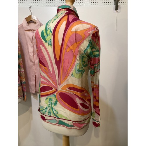 10 - EMILIO PUCCI Three cotton shirts, two patterned, one plain pink. One labeled size 12. Age discolouri... 