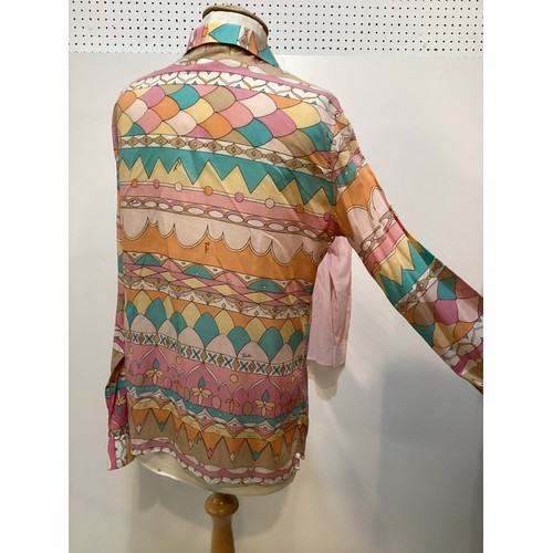 10 - EMILIO PUCCI Three cotton shirts, two patterned, one plain pink. One labeled size 12. Age discolouri... 