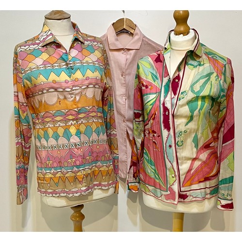 10 - EMILIO PUCCI Three cotton shirts, two patterned, one plain pink. One labeled size 12. Age discolouri... 