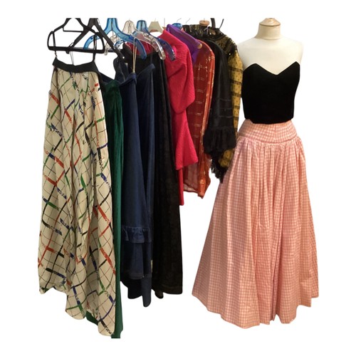 23 - A quantity of later C20th clothes, no labels, some bespoke made, to include 6 long skirts, a pink su... 