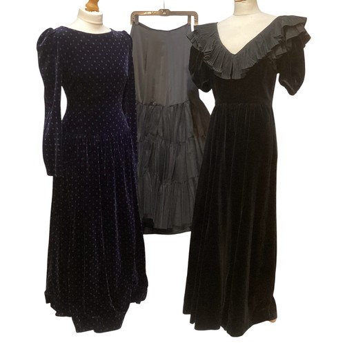 30 - Two 1980's ball dresses, to include black GINA FRATINI cotton velvet, with large frill neckline, a G... 