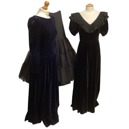 30 - Two 1980's ball dresses, to include black GINA FRATINI cotton velvet, with large frill neckline, a G... 