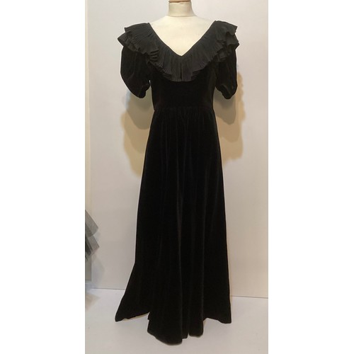 30 - Two 1980's ball dresses, to include black GINA FRATINI cotton velvet, with large frill neckline, a G... 