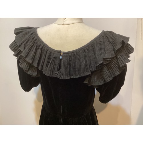 30 - Two 1980's ball dresses, to include black GINA FRATINI cotton velvet, with large frill neckline, a G... 