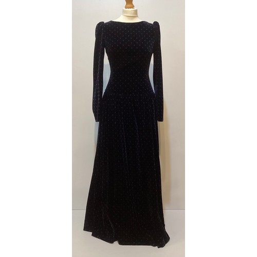 30 - Two 1980's ball dresses, to include black GINA FRATINI cotton velvet, with large frill neckline, a G... 