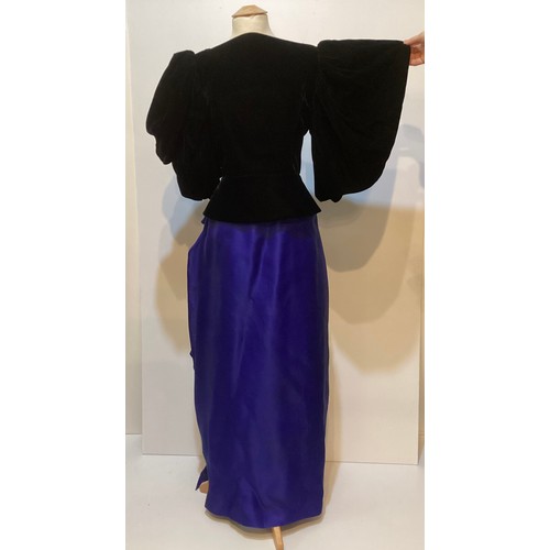 31 - CAROLINE CHARLES, a purple silk skirt and shirt with gold thread pattern, labelled  European size  3... 