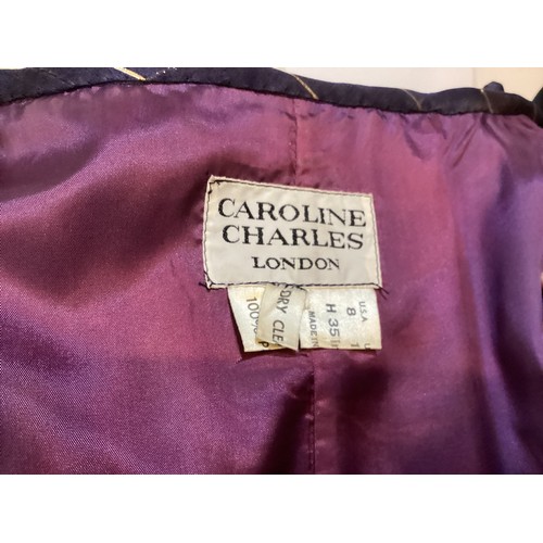 31 - CAROLINE CHARLES, a purple silk skirt and shirt with gold thread pattern, labelled  European size  3... 