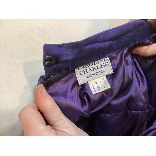 31 - CAROLINE CHARLES, a purple silk skirt and shirt with gold thread pattern, labelled  European size  3... 