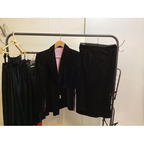 39 - EMPORIO ARMANI - black double breasted jacket, a black velvet jacket and skirt, a red wool jacket wi... 