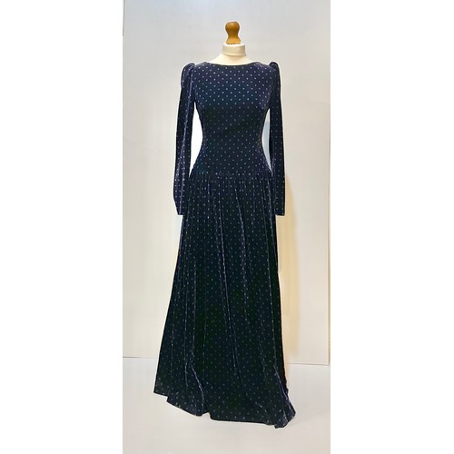 30 - Two 1980's ball dresses, to include black GINA FRATINI cotton velvet, with large frill neckline, a G... 