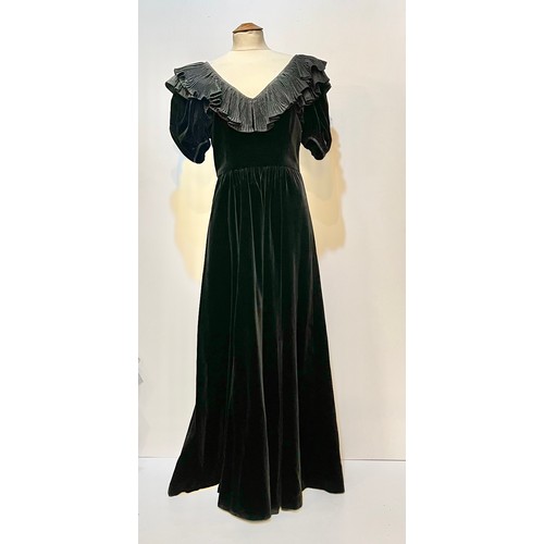 30 - Two 1980's ball dresses, to include black GINA FRATINI cotton velvet, with large frill neckline, a G... 